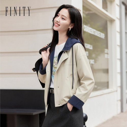FINITY菲妮迪风衣2026秋季新款莱赛尔透气米色连帽短款外套上装女