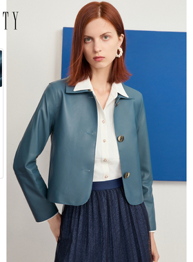 FINITY蓝色皮衣2023春真皮轻奢质感简约高端大牌短外套女