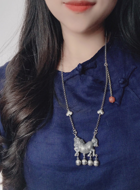 麒麟铃铛双面流苏挂坠古银