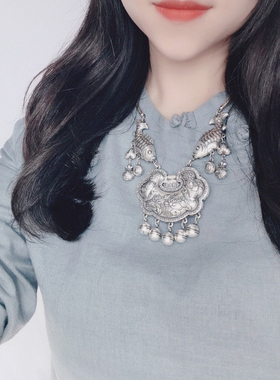 足银999复古平安长命锁纯银手工荷花民族风儿童成人银项圈礼物