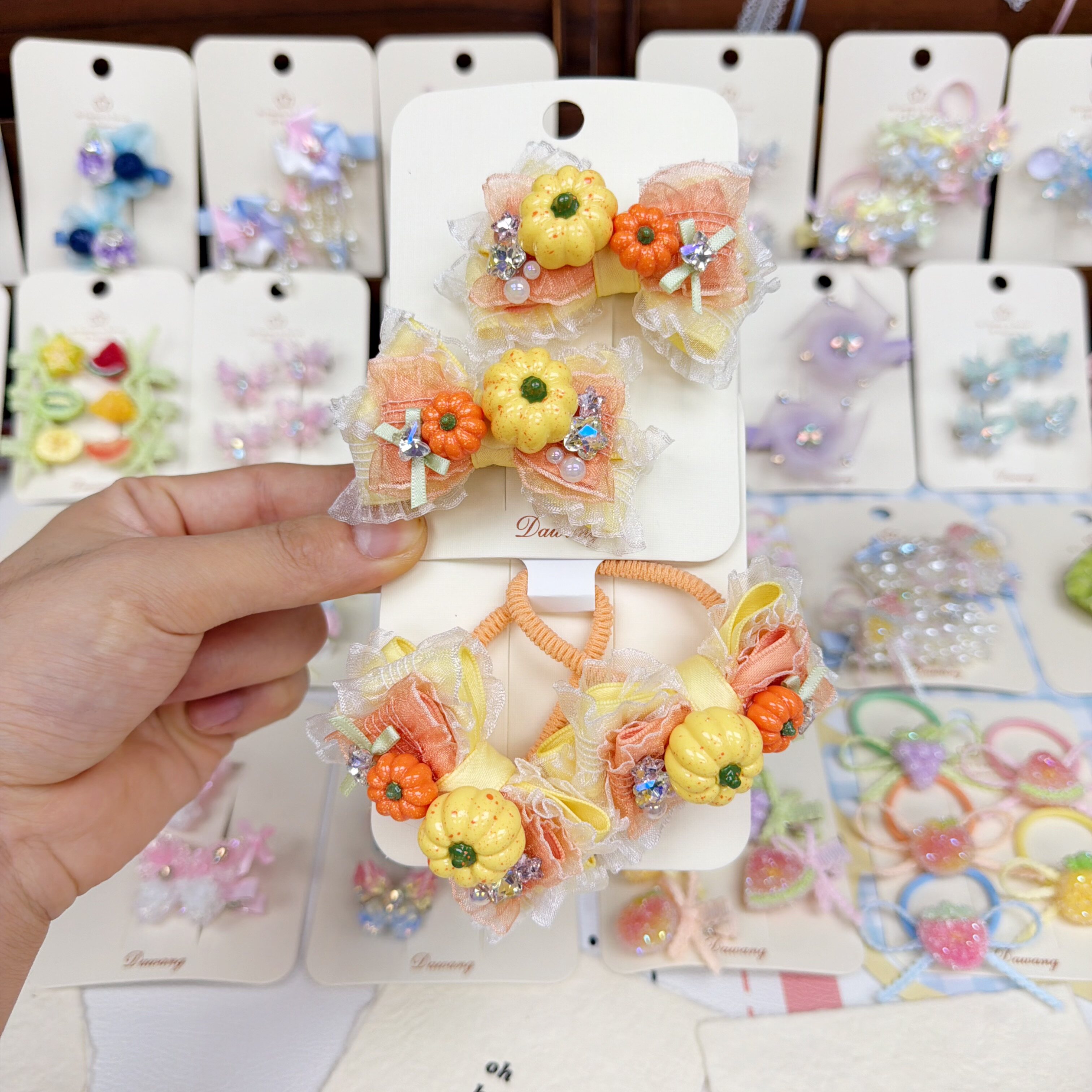 儿童发饰南瓜花朵发夹发圈可爱女童网纱蝴蝶结头饰发饰套装