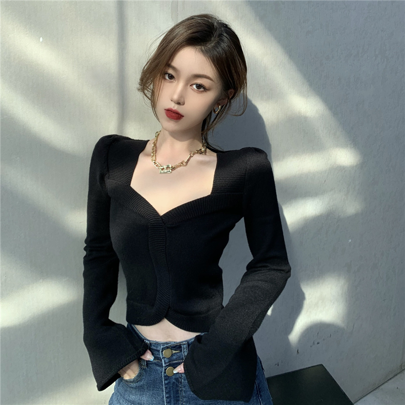 Real shot real price autumn and winter show thin French style small square collar long sleeve top versatile short sweater and knitwear