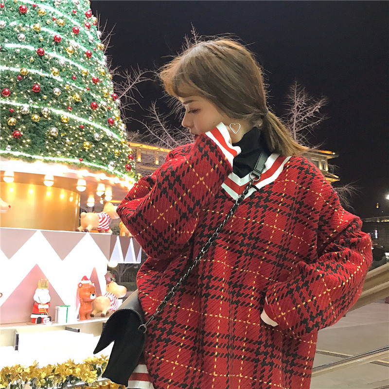 Real shot of Korean chic foreign style red check pattern versatile loose BF wind thread V-Neck long sleeve sweater