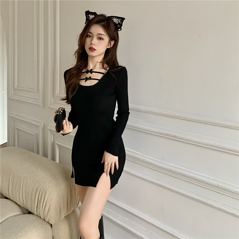 Real price bowknot knitted dress spring new word skirt split buttock skirt