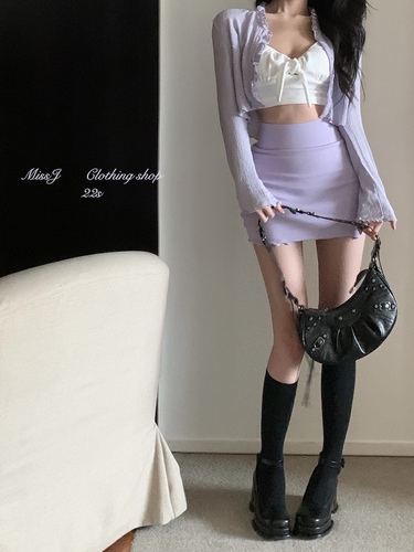 Real price knitted Ruffle cardigan + short skirt with high waist and buttocks + bow tie with suspender inside