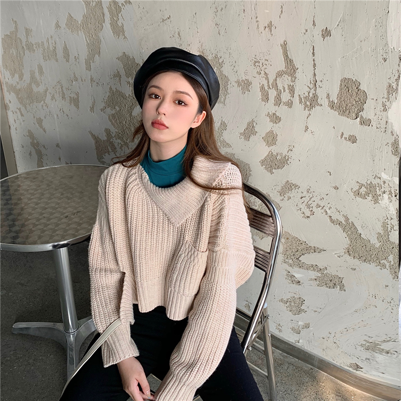 Real shot real price irregular Pullover Sweater lazy sweater + high collar T-shirt + Lace base shirt
