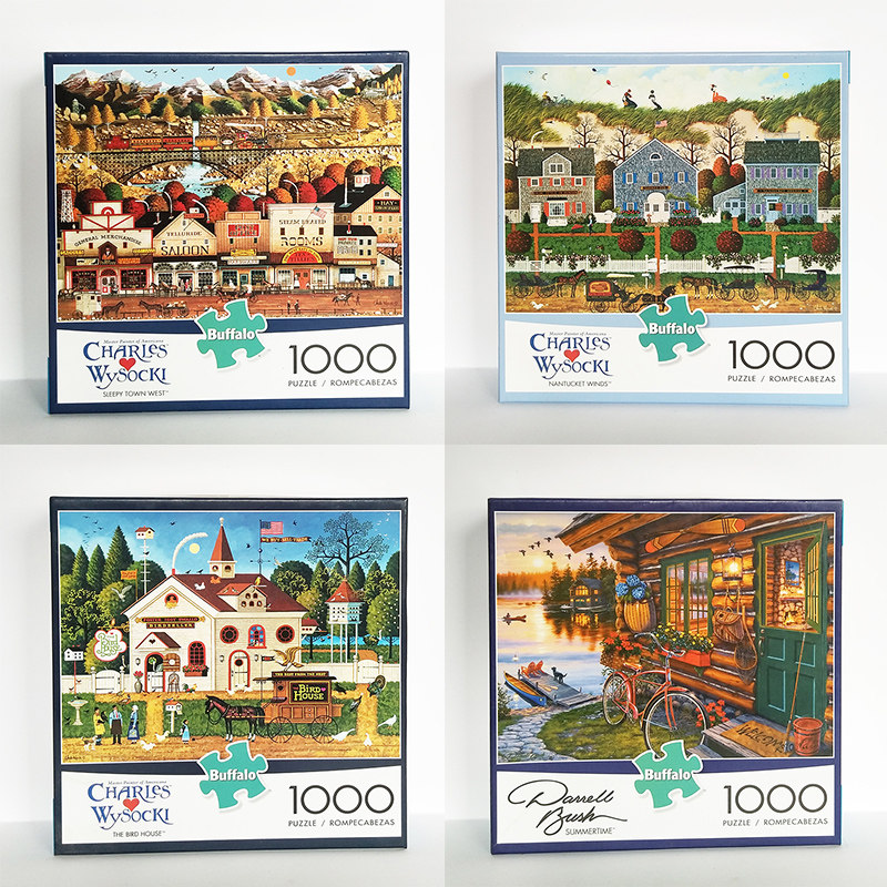 buffalo进口拼图1000片大型成年减压益智带框生日礼物玩具实木框