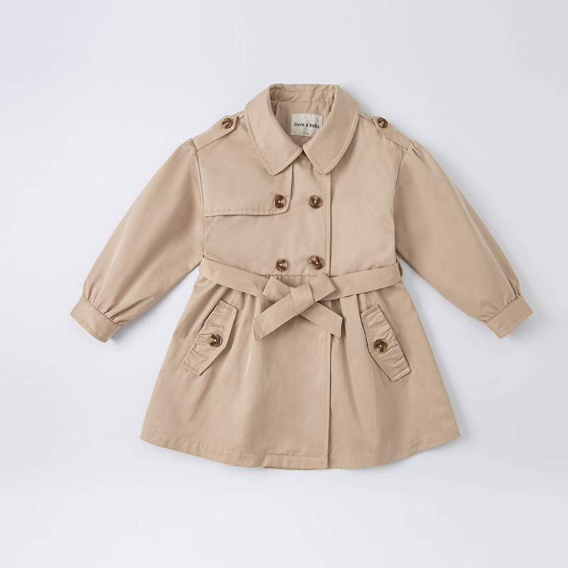 [겨울 정리] 데이비드 벨라 중대형 아동복 여아 중간 길이 카키 더블 브레스트 코트 방풍 자켓