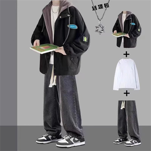 春秋季假两件夹克套装男潮牌ins工装外套男装搭配一套痞帅三件套