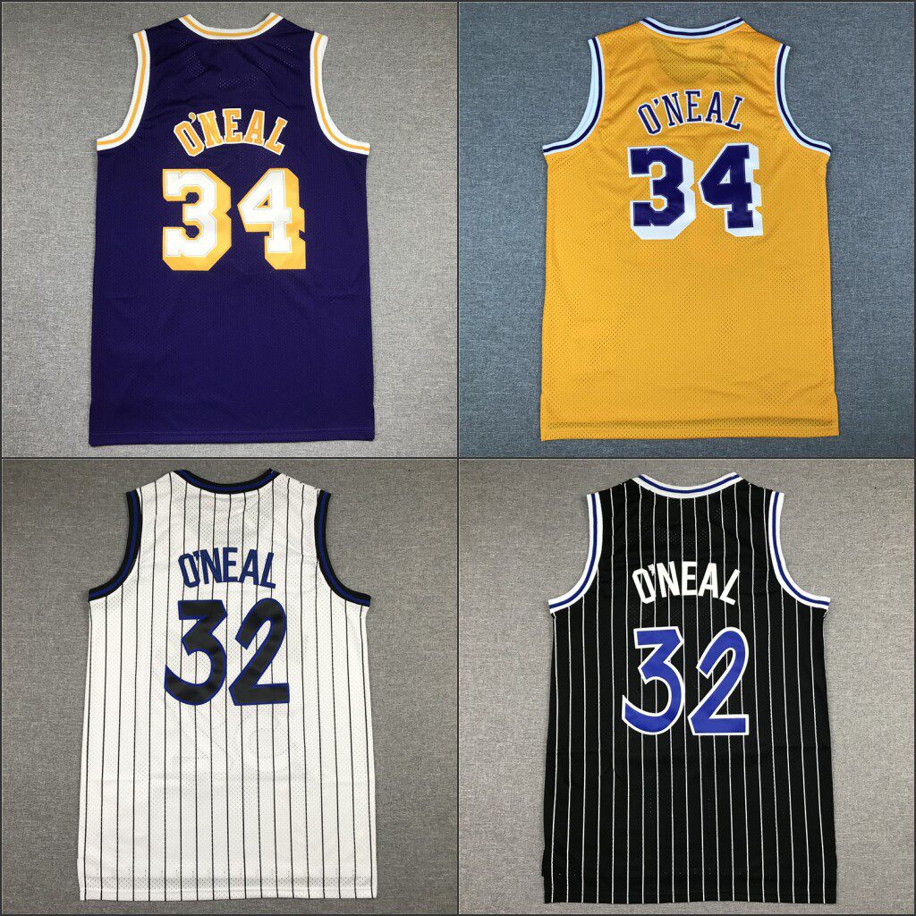 湖人队34号奥尼尔球衣魔术32大鲨鱼复古网眼白黑黄紫色篮球服背心
