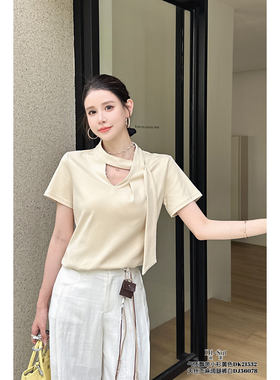 早春设计感飘带纯色女装T恤