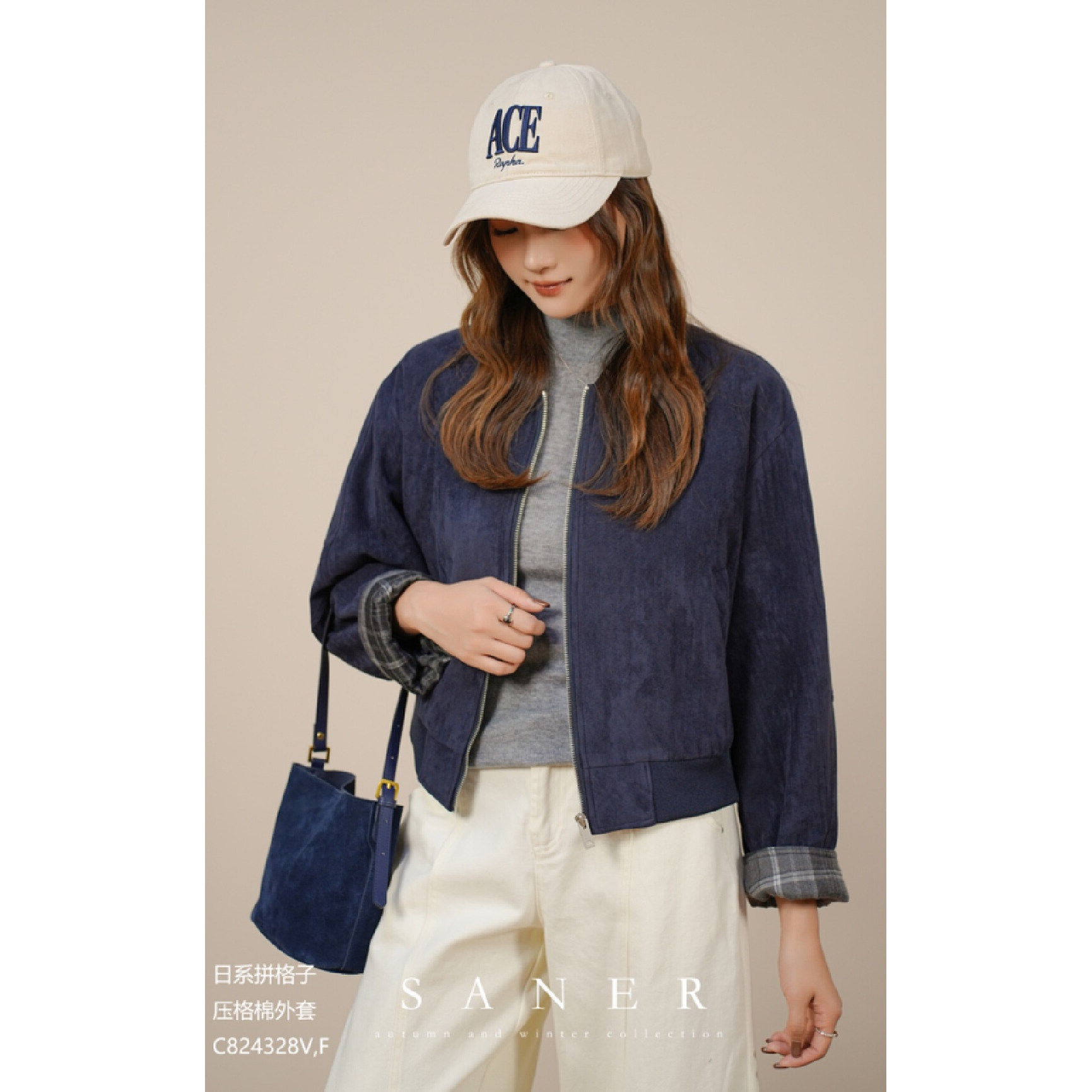 待SANER正品2025秋冬新款女装824328韩版宽松拼格子棉外套,女装/女士精品,短外套,淘宝优惠券,粉丝福利购,淘宝优惠卷