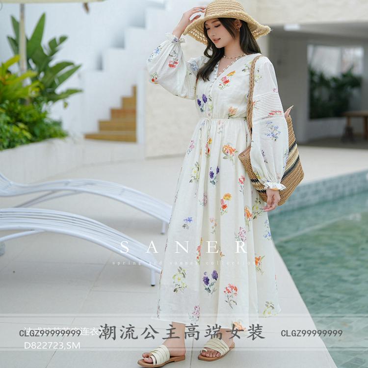 25春新款米白色苎麻碎花连衣裙