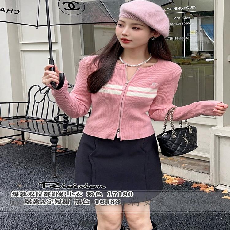 爆款双拉链针织衫上衣圆领