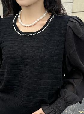 特价R牌正品欧货秋季17434韩版条纹毛衣别致拼接