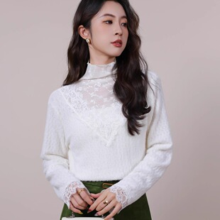 特价SANER正品2025秋冬新款女装824507洋气优雅蕾丝拼接磨毛小衫