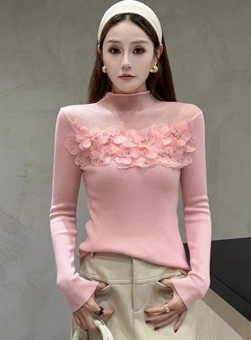 现货潮流公主LY女装2025秋冬新款8155立体花瓣网纱领口优雅毛衣