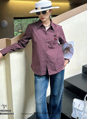 特价DI-SUI欧货2025新款秋冬女装21026宽松百搭休闲紫色格子衬衫