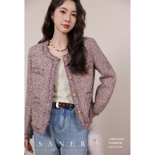 D特价SANER欧韩2025秋冬新款女装824531小香小花珠片羊毛夹棉外套