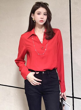 .特价DI-SUI欧韩2025秋冬新款女装21516翻领钩花纽扣V领时尚衬衫