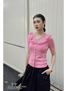 现货特价DI-SUI正品2026夏季女21550蕾丝温柔荷叶边薄款针织短袖