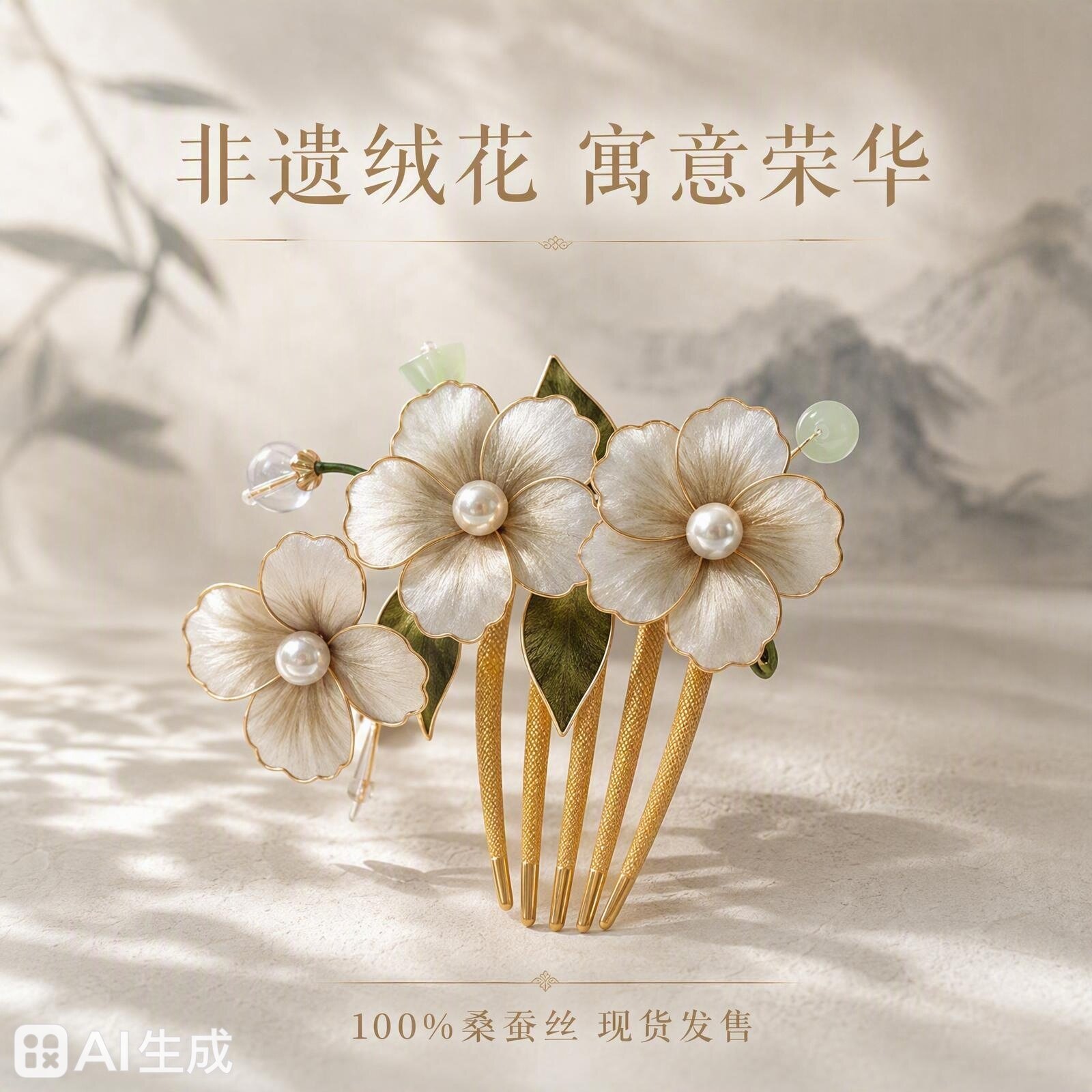 【荣华】系列非遗蚕丝绒花发梳插梳 新中式汉服古风配饰