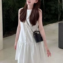 夏天巨好看的连衣裙女小个子韩系时尚拼接荷叶边无袖背心a字短裙