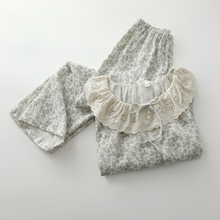 大蕾丝套头睡衣女生水洗纯棉纱布收口长袖直筒长裤宽松家居睡眠服