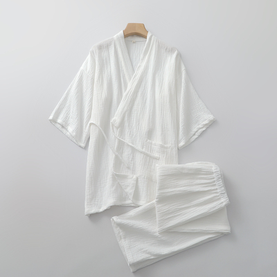 飘逸白色国风汉服睡衣男女纯棉纱7分袖长裤春夏细绳家居服两件套