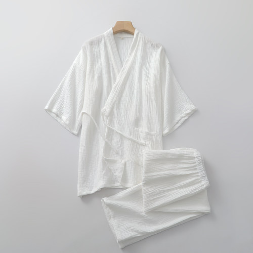 飘逸白色国风汉服睡衣男女纯棉纱7分袖长裤春夏细绳家居服两件套