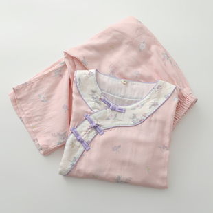 出口甜美碎花国风盘扣睡衣女生竹纤维棉套头长袖 春夏薄家居服 长裤