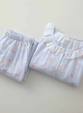 蓝色卡通长袖睡衣女生纯棉纱薄款开衫木耳边圆领口袋家居睡眠服薄