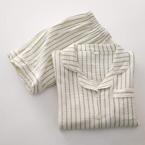 夏季无印条纹睡衣套装男女士纯棉纱短袖短裤绉布情侣家居睡眠服薄