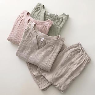 长裤 V领套头睡衣女纯棉纱春夏薄宽松慵懒风长袖 家居睡眠服可外穿