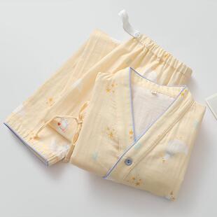 出口卡通和服睡衣女生纯棉纱可调节裤腰长袖长裤薄细绳家居服扣子
