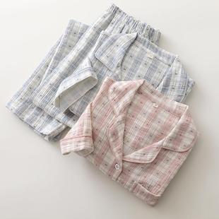 情侣家居空调睡眠服 短袖 长裤 睡衣男女水洗纯棉纱文艺格子开衫 夏季