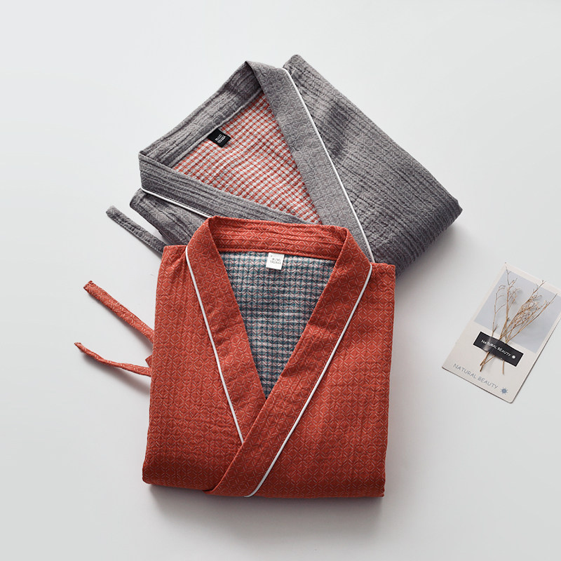 复古风汉服睡袍男女春夏纯棉纱日式系绳汗蒸浴袍七分袖开衫睡眠裙