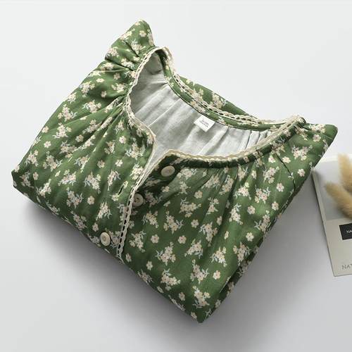 森系田园碎花长袖睡裙女生纯棉纱文艺蕾丝边圆领家居连衣裙可外穿