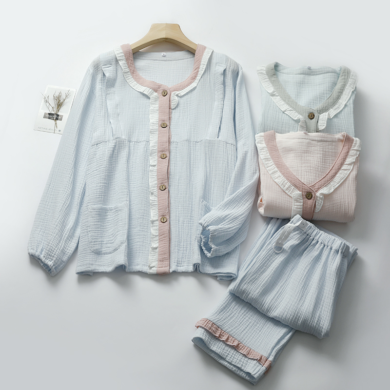 女纯棉纱花边哺乳睡衣清新