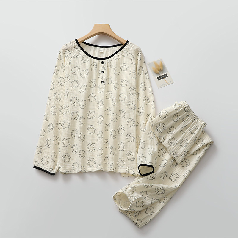 卡通套头睡衣女生纯棉纱薄款收口长袖长裤春夏秋家居睡眠服可外穿,女士内衣/男士内衣/家居服,睡衣/家居服套装,淘宝优惠券,粉丝福利购,淘宝优惠卷