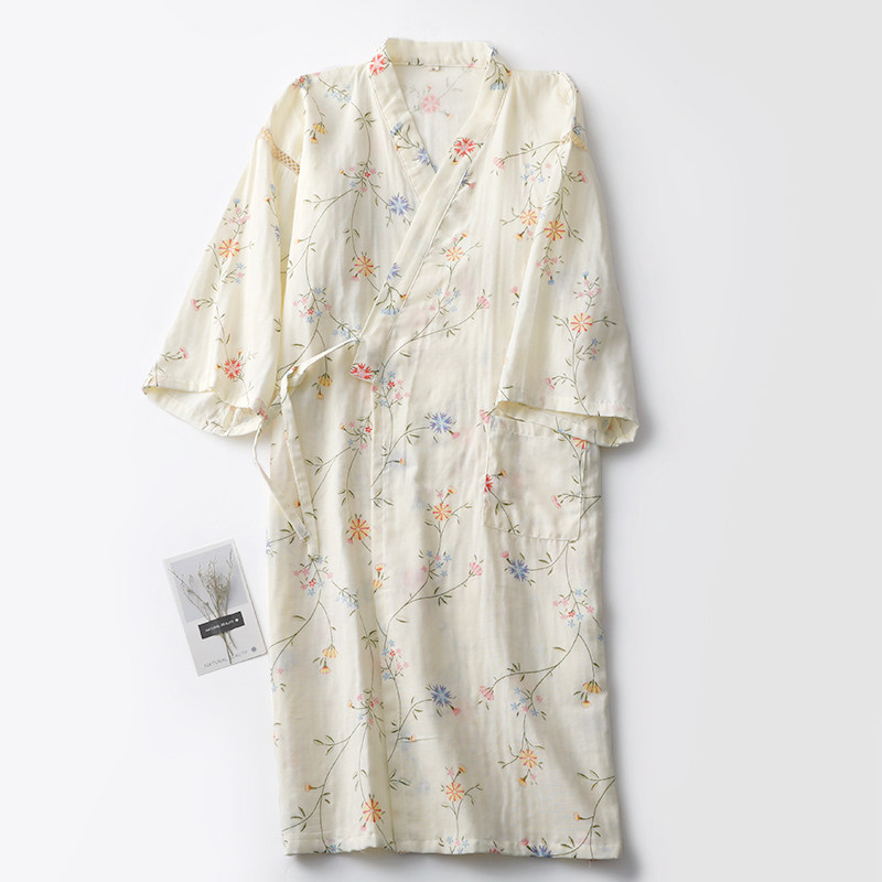 镂空和服睡袍女纯棉纱薄款夏季米黄印花七分袖宽松汗蒸浴袍晨袍薄,女士内衣/男士内衣/家居服,睡袍/浴袍,淘宝优惠券,粉丝福利购,淘宝优惠卷