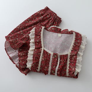 长裤 2026新年红法式 长袖 女纯棉纱薄开衫 家居服 方领红碎花睡衣套装