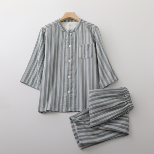 出口8分袖 情侣家居空调睡眠服 裤 睡衣男女纯棉纱文艺条纹圆领开衫