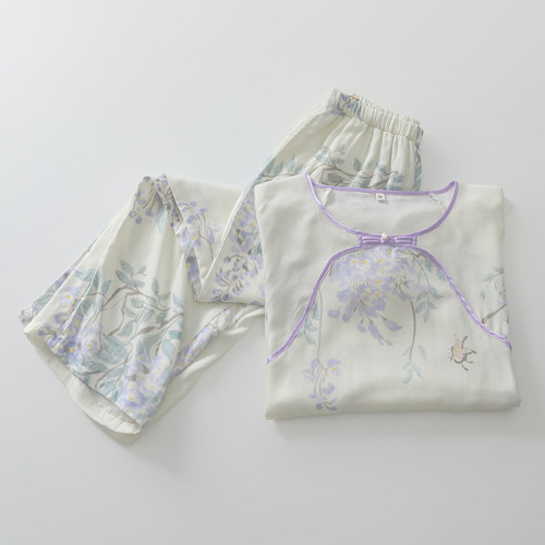 出口新中式江南睡衣女生竹纤维棉9分袖印花夏季家居服套装可外穿