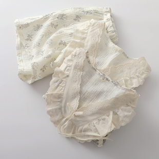 国风素描蕾丝套头睡衣女纯棉纱短袖 短裤 文艺范V领家居睡眠服薄款