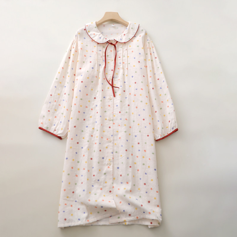 娃娃领飘带长袖睡裙女生纯棉纱文艺范彩点宽松家居睡眠裙四季穿薄,女士内衣/男士内衣/家居服,睡裙,淘宝优惠券,粉丝福利购,淘宝优惠卷