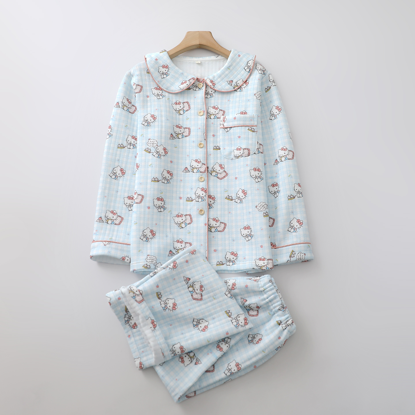 卡通猫咪秋冬睡衣女生纯棉空气夹棉娃娃大翻领长袖长裤家居服套装