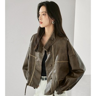 对白气质立领短款风衣外套女2024秋装新款抽绳高级感通勤皮衣夹克