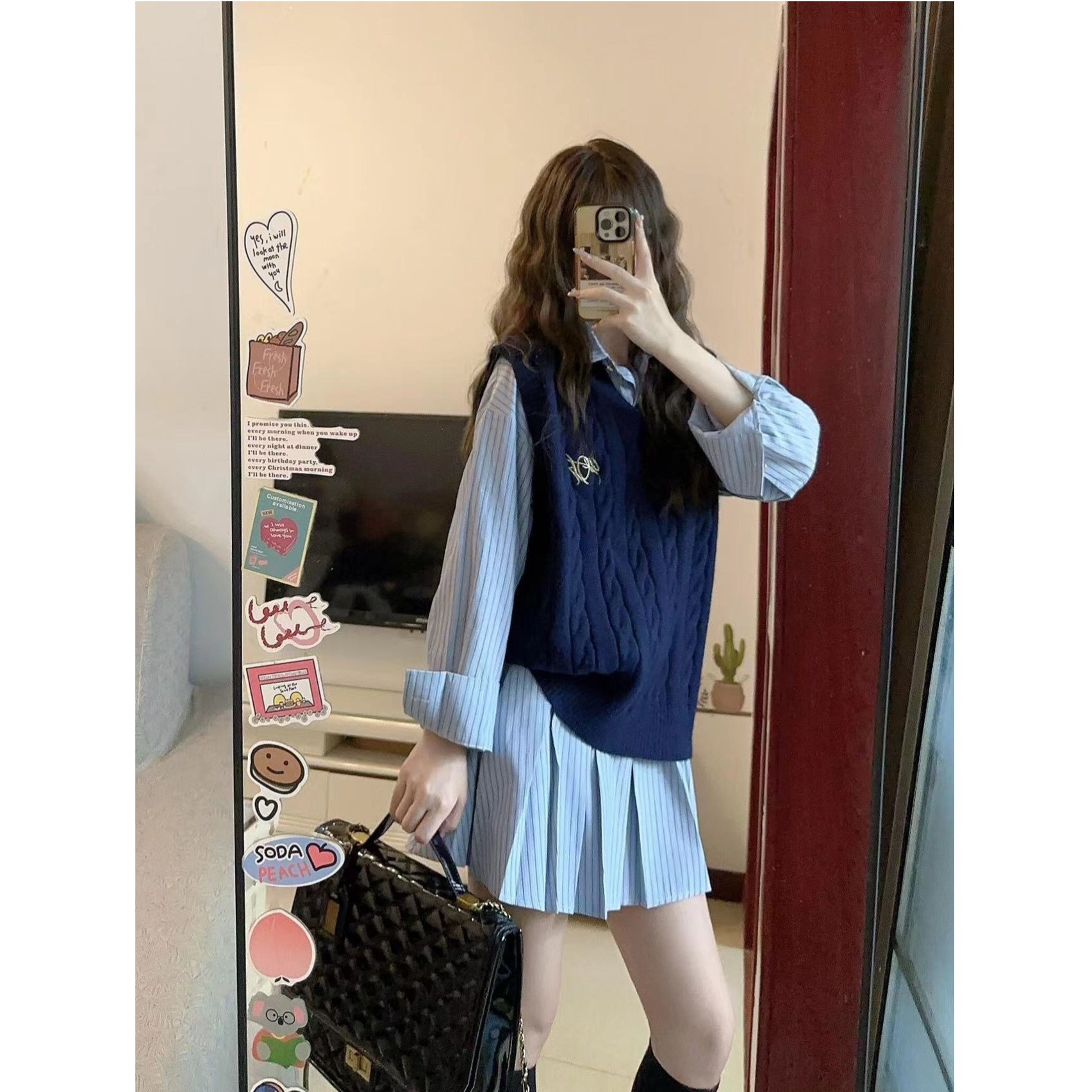 【锐达】韩系小个子秋季学院风美式复古宽松针织上衣衬衫裙两件套