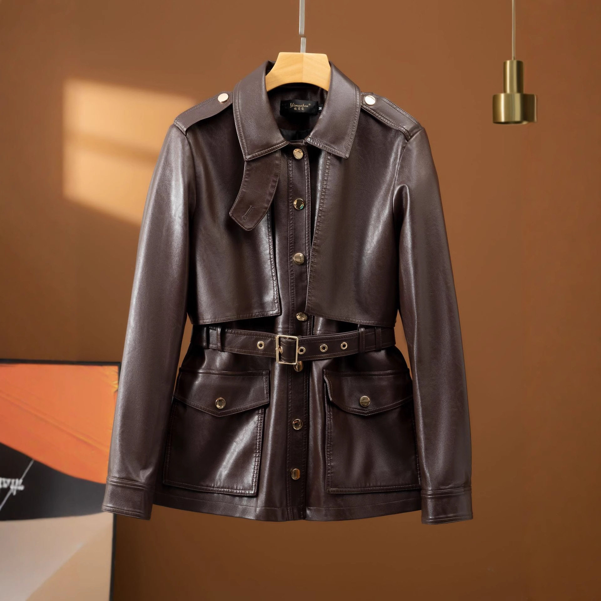 复古大码绵羊皮衣外套女秋冬25新款Polo领收腰机车服夹克宽松上衣